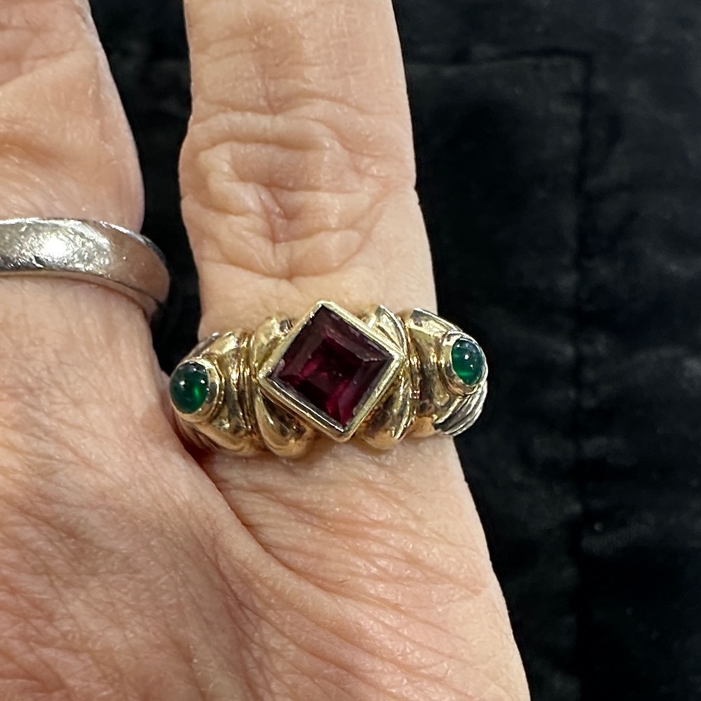 David Yurman sterling and 14k gold pinky ring with emeralds and garnet